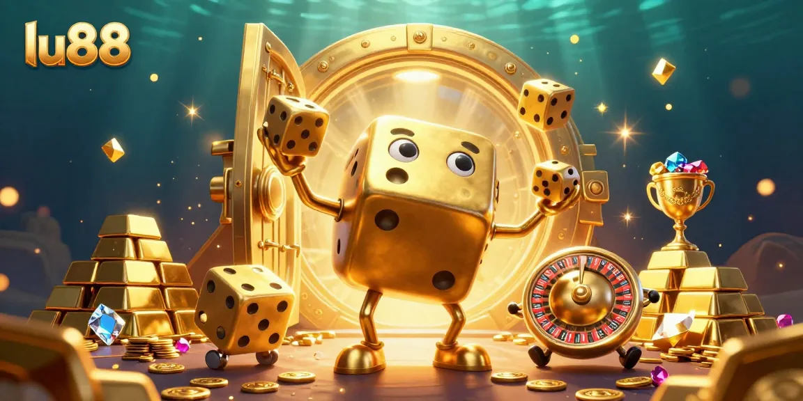 Experience the thrilling world of lu88 with vibrant golden dice, jewels, and dynamic casino elements.