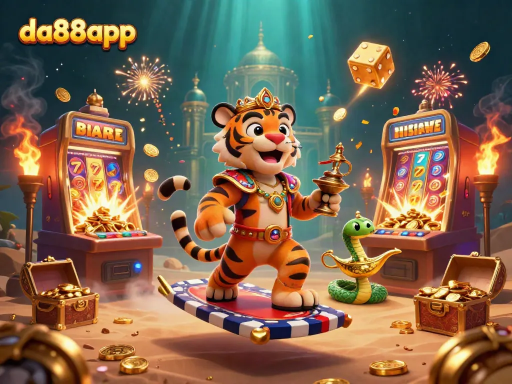 Engage with da88app's thrilling gaming scene featuring a vibrant 3D illustration of a tiger sultan, slot machines, and flying symbols.