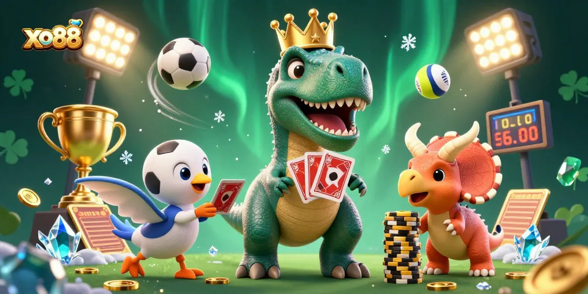 xo88 showcases a fun, dynamic gaming scene with playful dinosaur characters and vibrant casino elements.