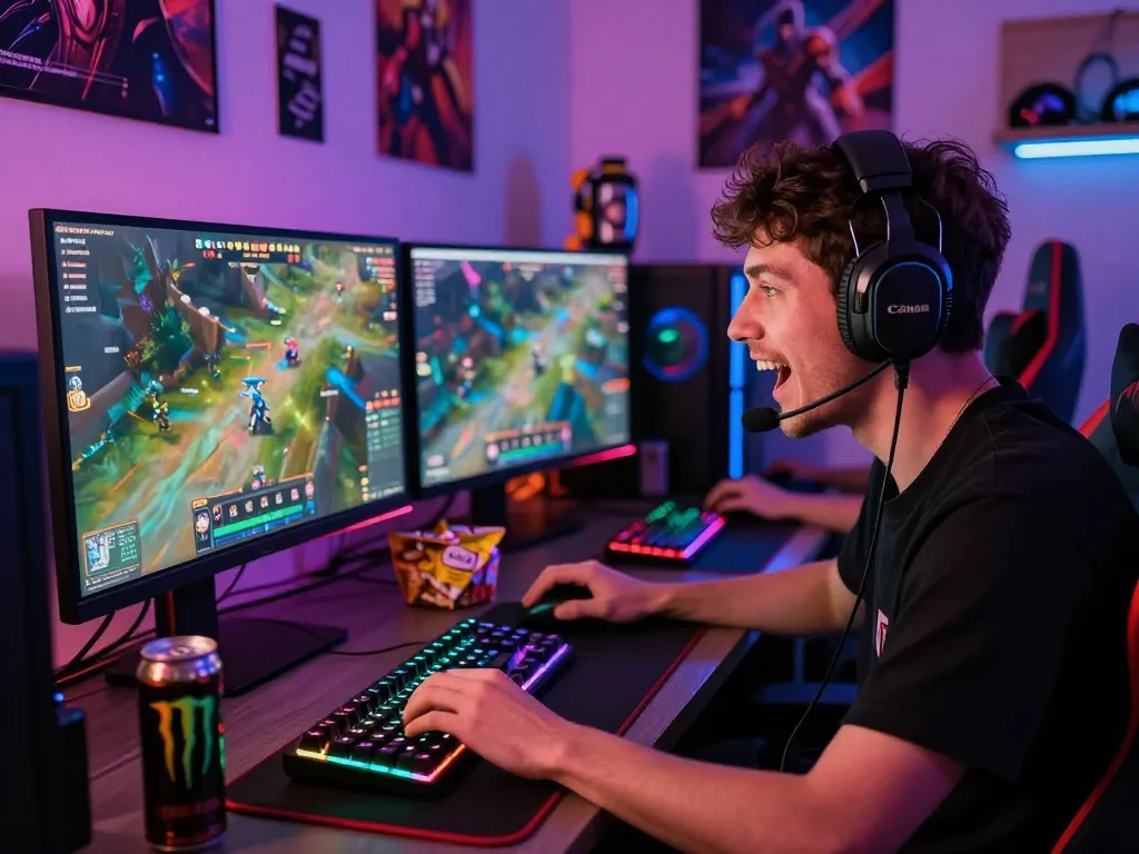 Immersive gaming setup depicting MM88 gaming excitement with colorful lighting and focused player.