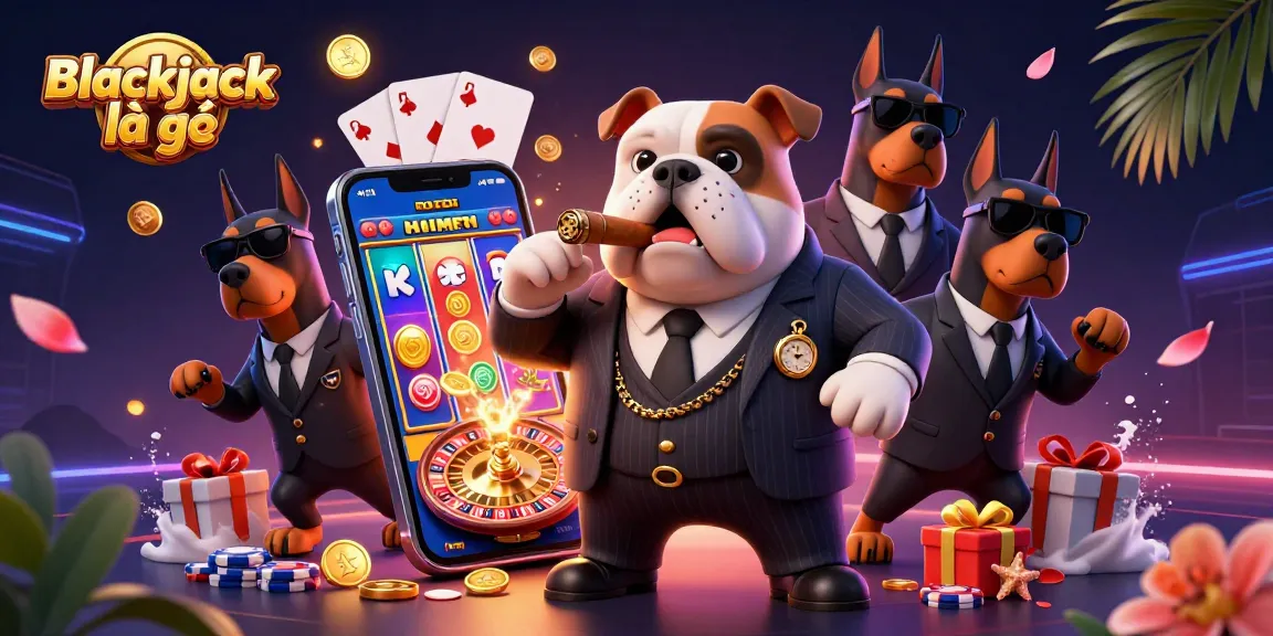 Experience the excitement of Blackjack là gì in this vibrant 3D casino scene featuring a bulldog boss and action-packed gaming elements.