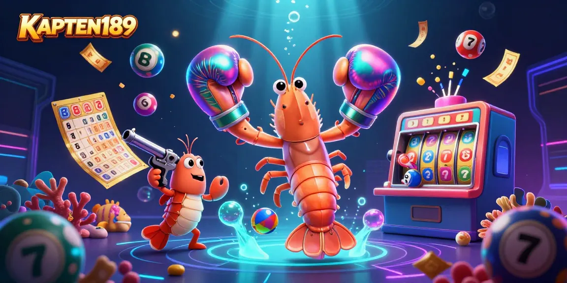 KAPTEN189 menghadirkan ilustrasi penuh aksi dengan udang mantis 3D bertinju, krustasea kecil dan penyu ikan sebagai pengumum, di dunia slot yang ceria.