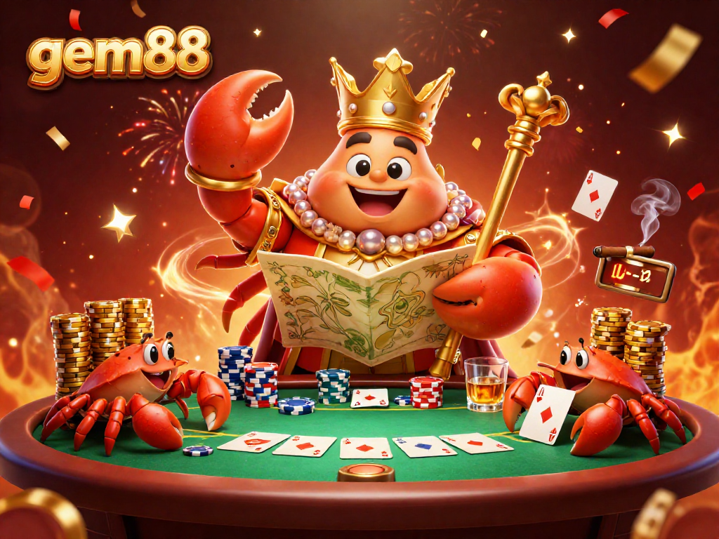 Join the gem88 poker action in a vibrant scene featuring a golden crab emperor and chip-carrying hermit crabs.