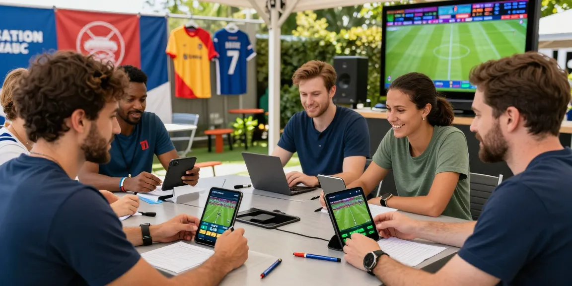 Zahraniční sázkové kanceláře, moderní prostředí sázkařů u stolu s mobilními aplikacemi a sporty.