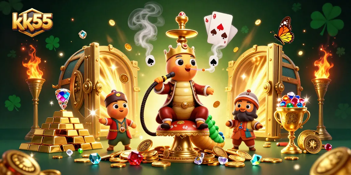 Engage with dynamic gaming action at KK55, illustrated by a 3D caterpillar master surrounded by treasures and casino themes.