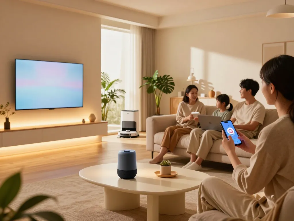 Stylish living room with tech gadgets for home, showcasing smart lighting, a smart speaker, and a connected atmosphere.