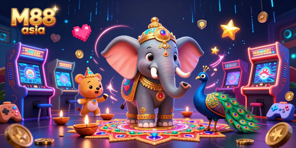 Experience the excitement of M88 asia with a vibrant 3D casino illustration featuring an elephant, peacock, and arcade game elements.