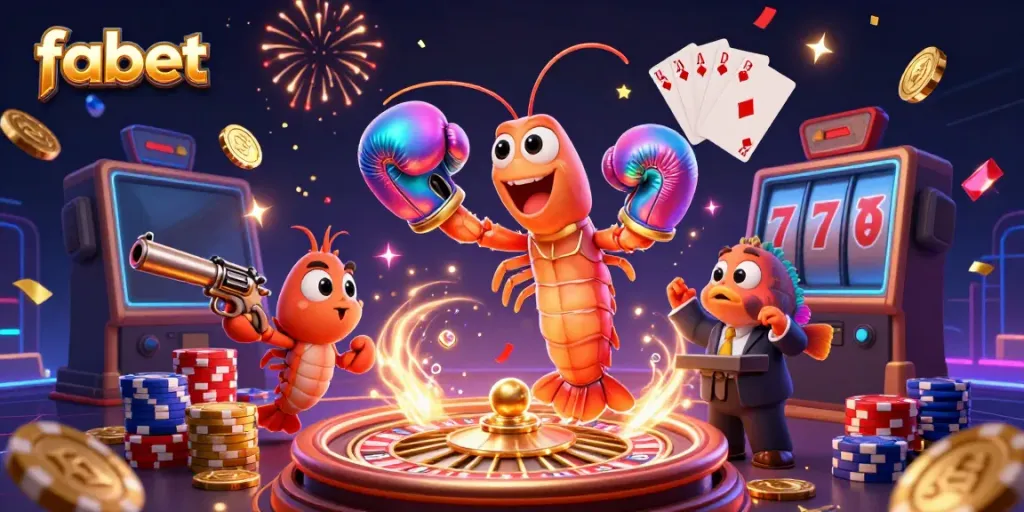 FABET showcases vibrant cartoon gambling characters celebrating around a roulette wheel and slot machines.