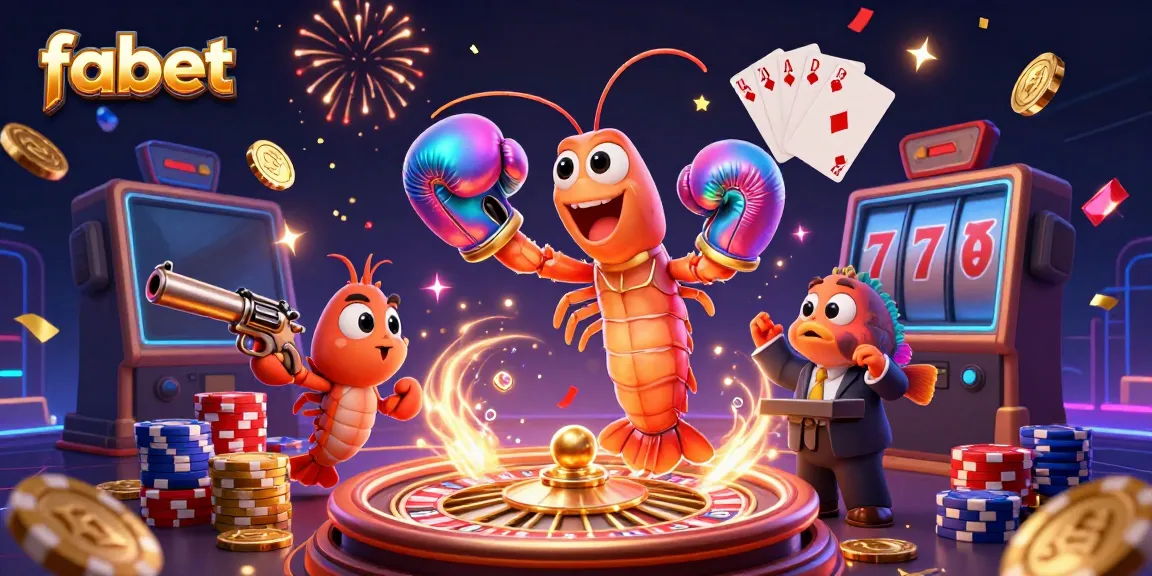 FABET showcases vibrant cartoon gambling characters celebrating around a roulette wheel and slot machines.