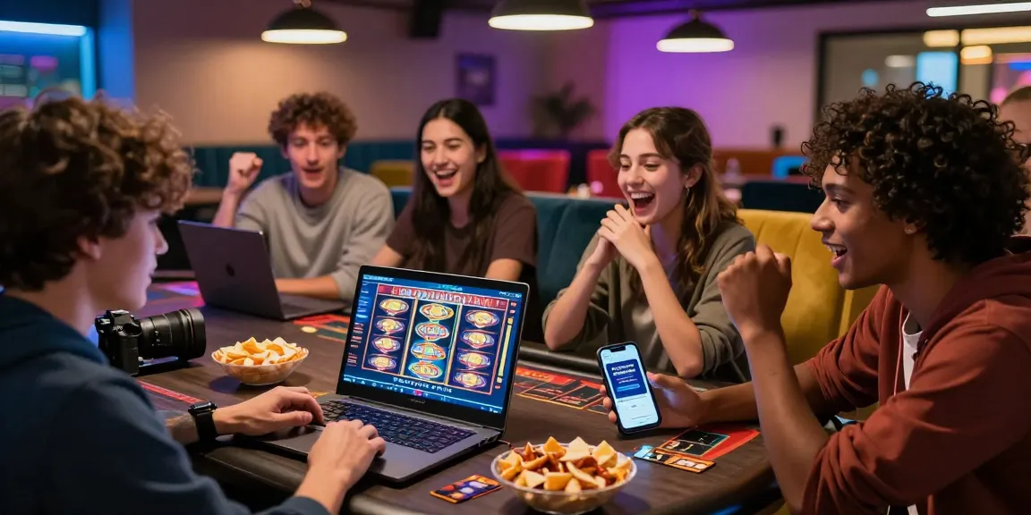 Junge Erwachsene genießen eine aufregende Sitzung in einem Paysafe Card Casino, während sie lebhafte Gaming-Aktionen erleben und die Paysafecard-App nutzen.