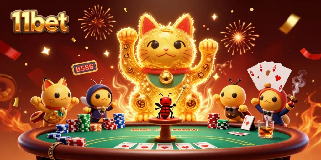 Engaging illustration of 11bet's vibrant casino experience with lucky symbols and energy.