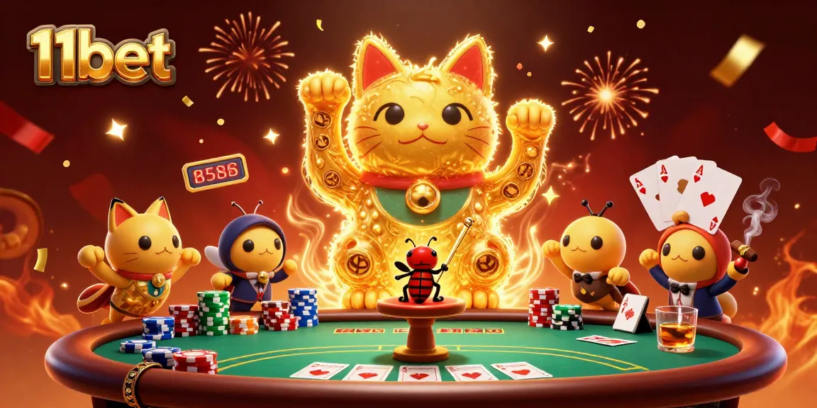 Engaging illustration of 11bet's vibrant casino experience with lucky symbols and energy.